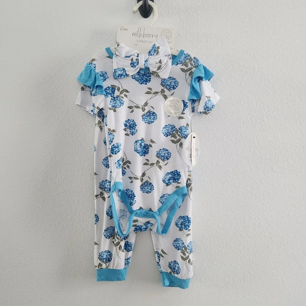 Milkberry Baby Girls 6-9M Blue Hydrangea Bamboo 3 Piece Bodysuit Legging Set NWT